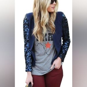 Lovers and Friends Navy Blue Sequin Sleeve Cropped Blazer Jacket size small